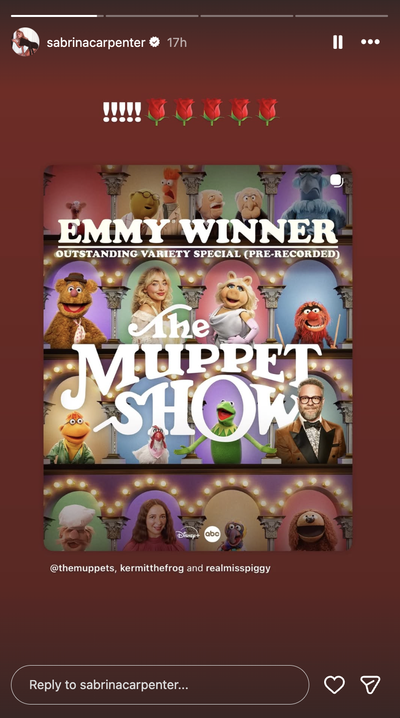 A post on Sabrina Carpenter's Instagram story celebrating the Emmy win of "The Muppet Show" special she prodiuced | Source: instagram/sabrinacarpenter