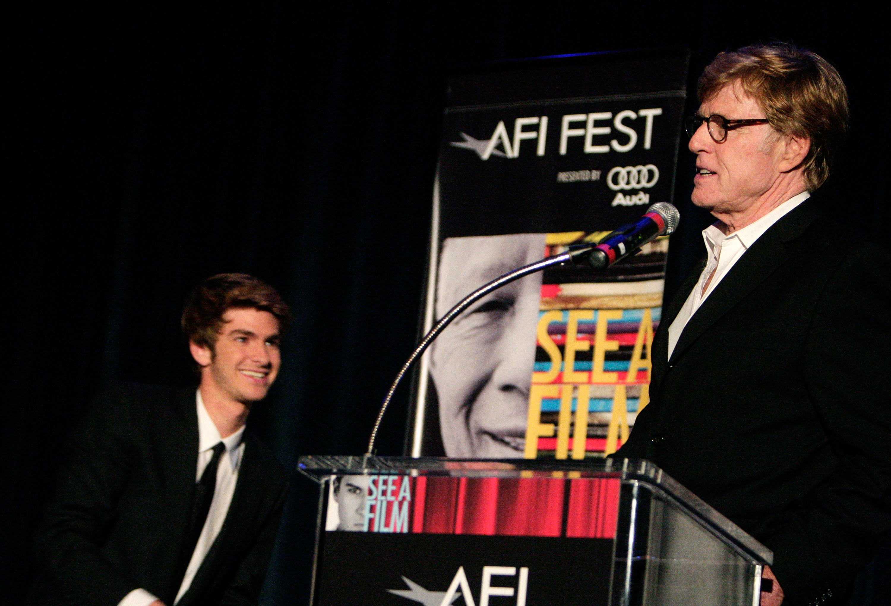 Andrew Garfield and Robert Redford introducing the film, "Lions for Lambs" during the AFI FEST 2007 | Source: Getty Images