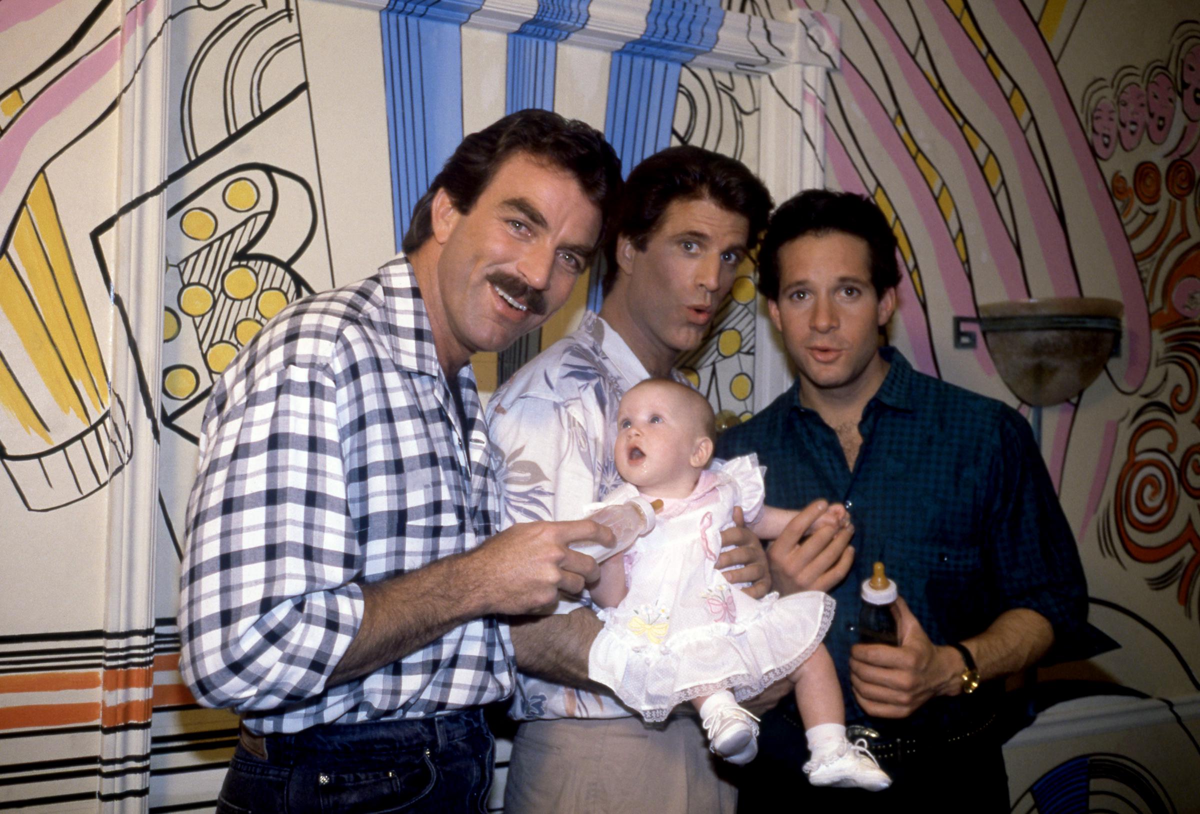 Tom Selleck is Peter Mitchell, Ted Danson is Jack Holden and Steve Guttenberg is Michael Kellam in "Three Men and a Baby" in 1987 | Source: Getty Images