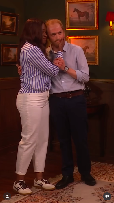Megan Markle (portrayed by Ayoade Bamgboye) and Prince Harry (portrayed by Jack Shep) in a sketch from the second season premiere of "SNL UK" | Source: instagram/snluk