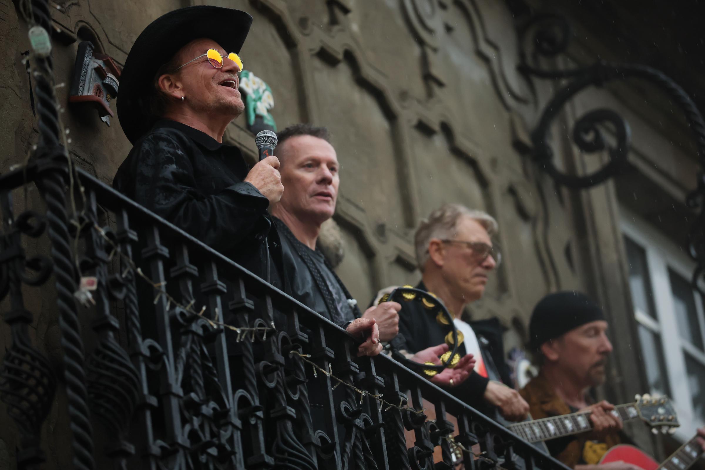 U2 band members Bono, Larry Mullen Jr., Adam Clayton, and The Edge in Mexico City filming a music video on May 12, 2026 | Source: Getty Images
