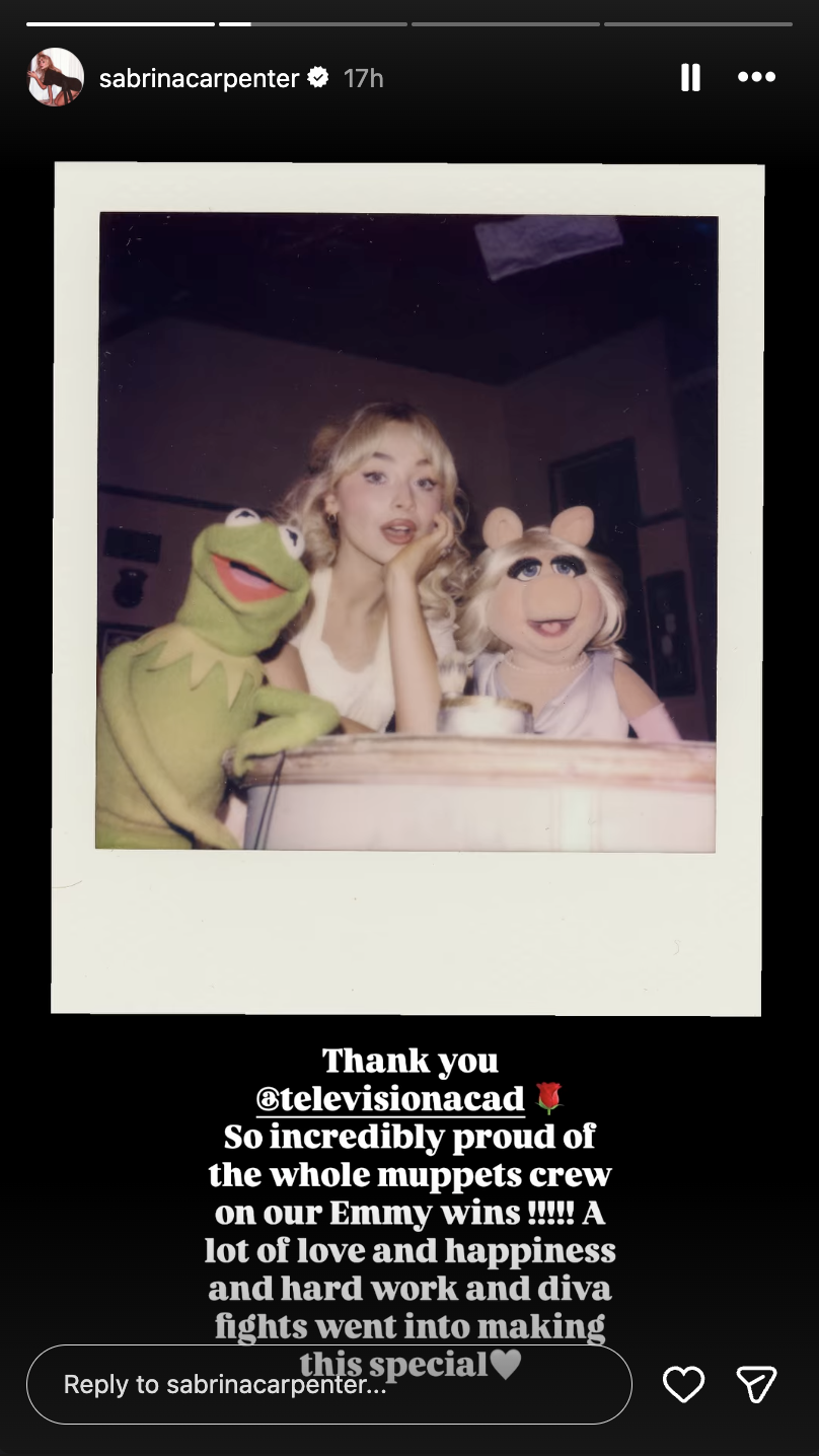 Sabrina Carpenter thank the Television Academy for the Emmy wins of "The Muppet Show" in her Instagram stories | Source: instagram/sabrina carpenter